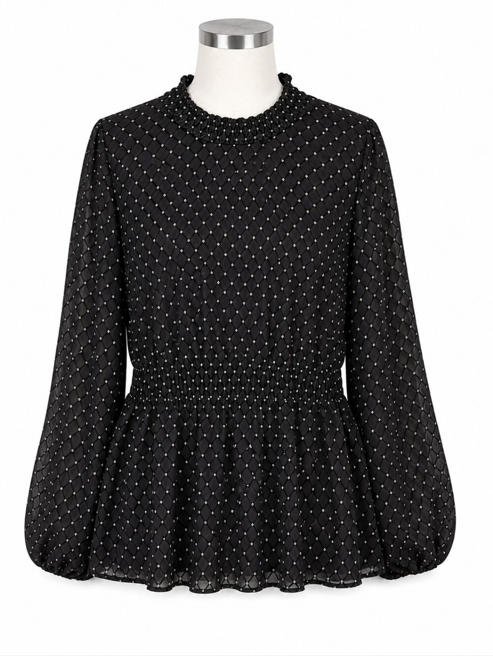 NWT Cato Black Burnout Metallic Mesh Blouse Top Mock Neck Peplum Long Sleeve XL